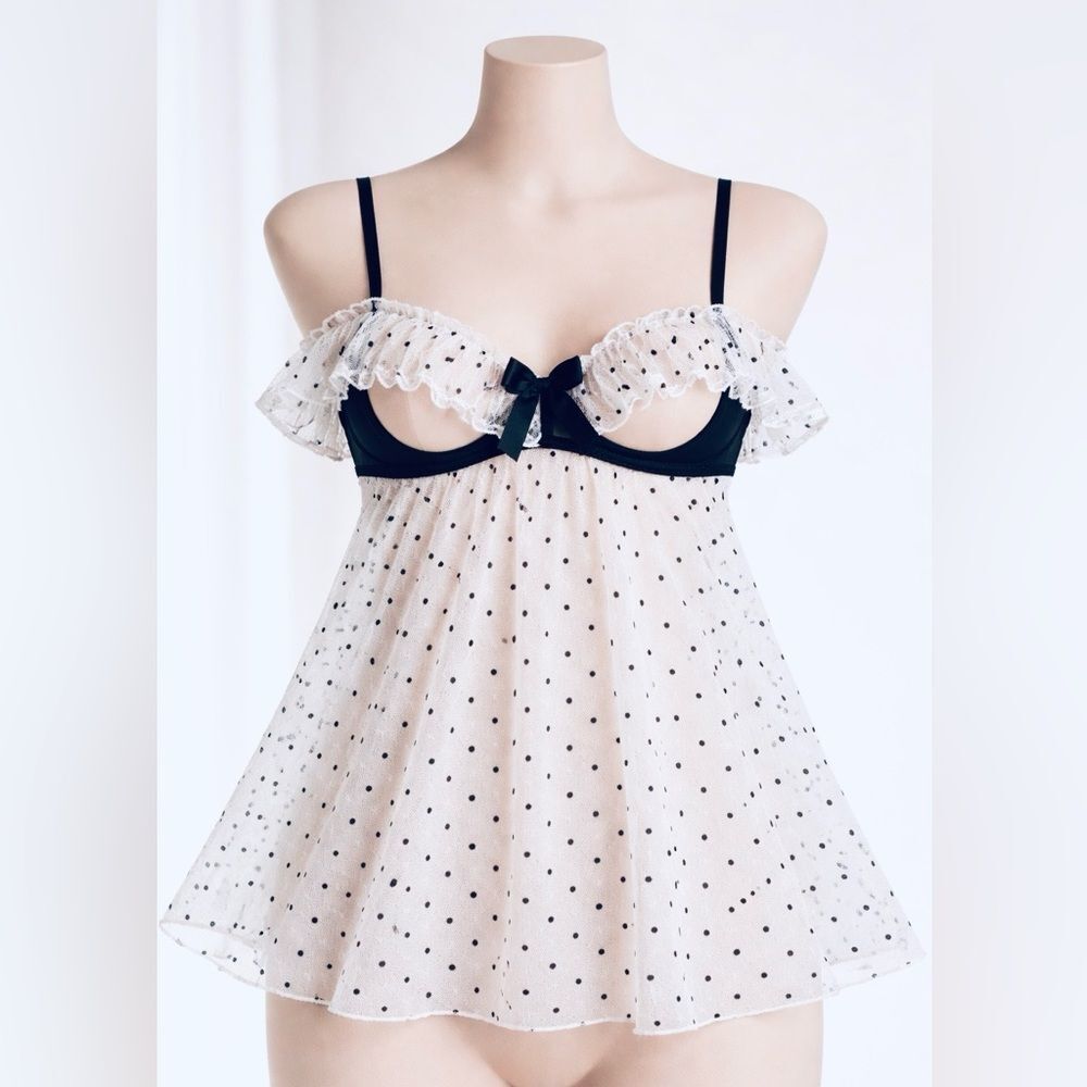 VTG Victoria's Secret Polka Dot Sheer Babydoll Lingerie 34B Underwire Open Cup